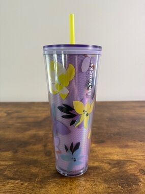 NWT Starbucks Lavender and Yellow Floral Tumbler with Yellow Straw, 24 Oz